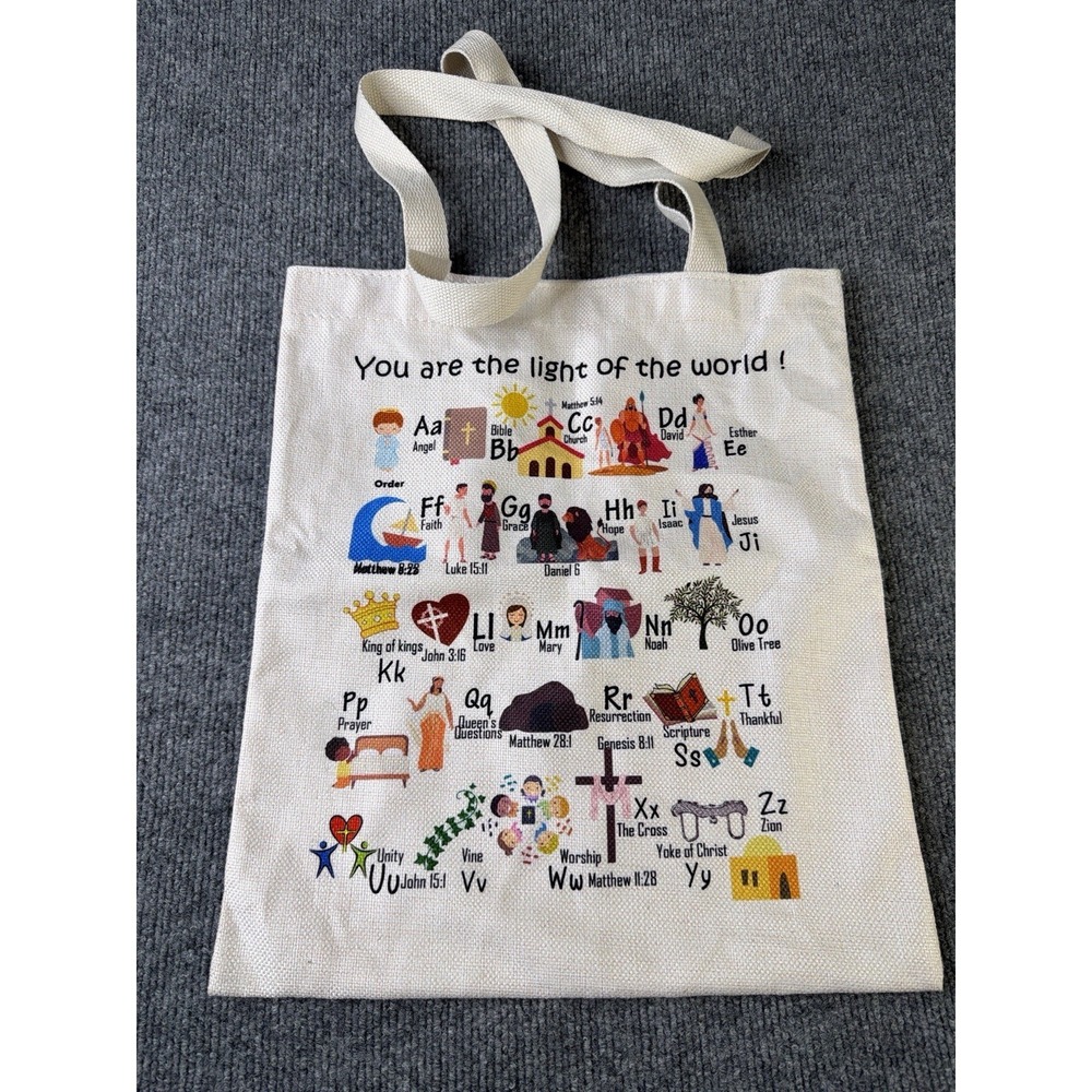 Christian‎ Bible Alphabet Canvas Tote Bag "You Are The Light Of The World"